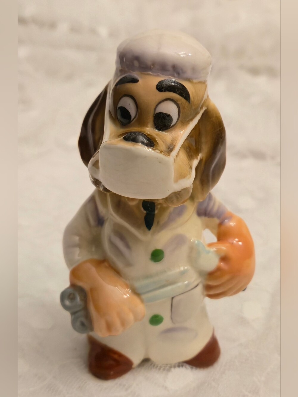 Dog Figurine Vet Ceramic Statue in White and Brown